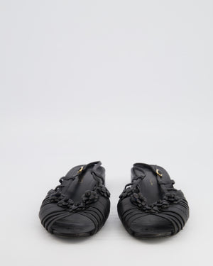 Chanel Black Leather Slingback Sandals with Camelias Appliqué and Gold CC Logo Details Size EU 41