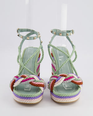 Valentino Blue Leather and Multicolour Cord Rockstud Heeled Sandals Size EU 41
