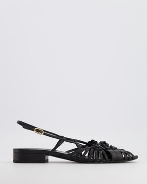 Chanel Black Leather Slingback Sandals with Camelias Appliqué and Gold CC Logo Details Size EU 41