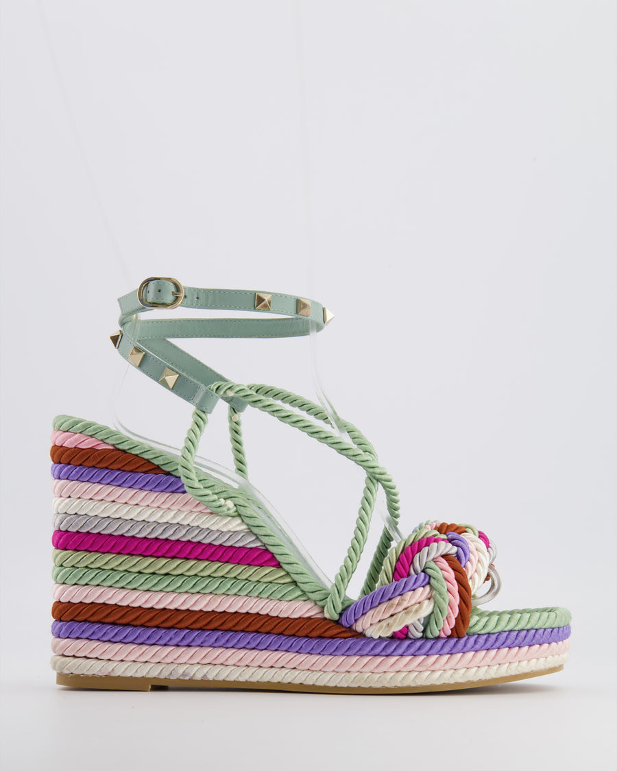 Valentino Blue Leather and Multicolour Cord Rockstud Heeled Sandals Size EU 41
