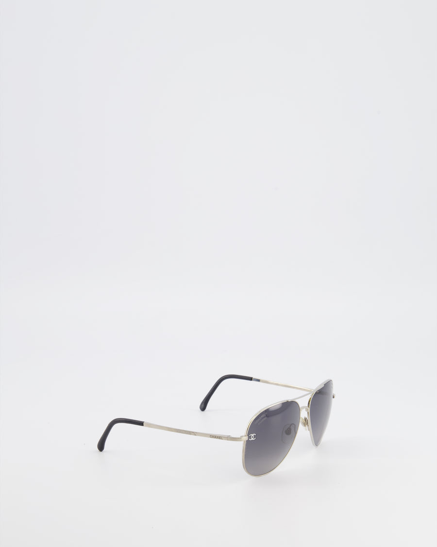 Chanel Silver Aviator Sunglasses with Grey Lenses and CC Logo Details