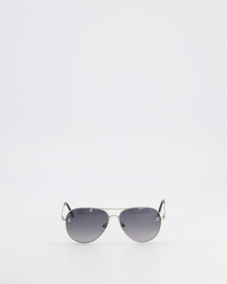 Chanel Silver Aviator Sunglasses with Grey Lenses and CC Logo Details