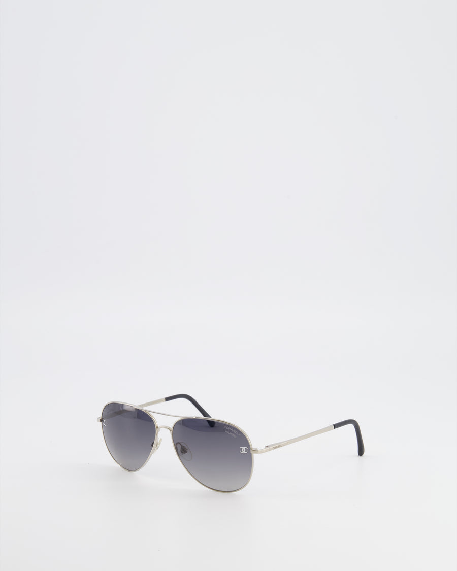 Chanel Silver Aviator Sunglasses with Grey Lenses and CC Logo Details