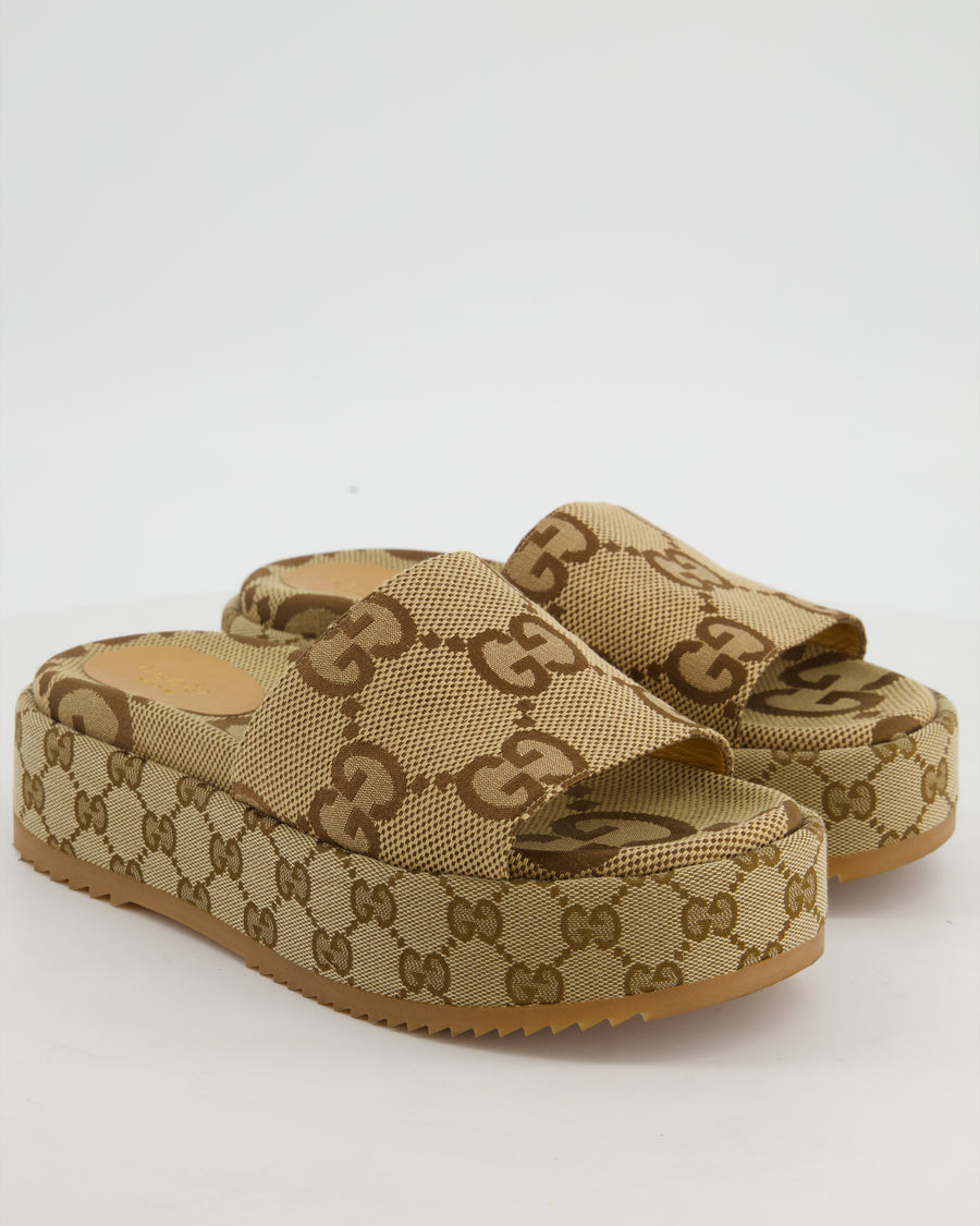 Gucci Caramel Slide Platform Sandals with GG Logo Size EU 38.5