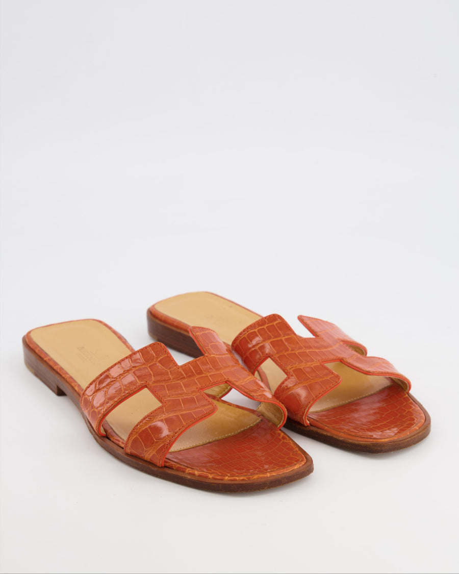 Hermès Orange Crocodile Leather Oran Sandals Size EU 37