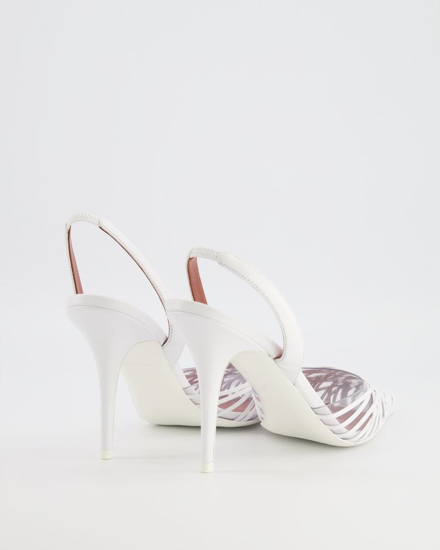 Amina Muaddi Lori Heeled Slingback Pumps in Clear PVC and White Woven Leather Size EU 40 RRP £1,105