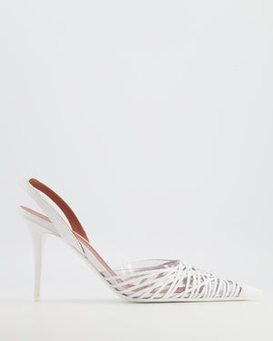 Amina Muaddi Lori Heeled Slingback Pumps in Clear PVC and White Woven Leather Size EU 40 RRP £1,105