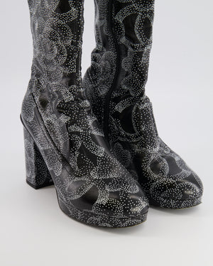 Chanel 23K Runway Camellia and CC Logo Print Heeled Boots in Black Crumpled Leather Size EU 39C