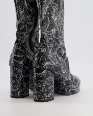 Chanel 23K Runway Camellia and CC Logo Print Heeled Boots in Black Crumpled Leather Size EU 39C
