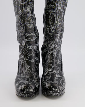 Chanel 23K Runway Camellia and CC Logo Print Heeled Boots in Black Crumpled Leather Size EU 39C