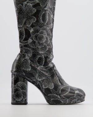 Chanel 23K Runway Camellia and CC Logo Print Heeled Boots in Black Crumpled Leather Size EU 39C