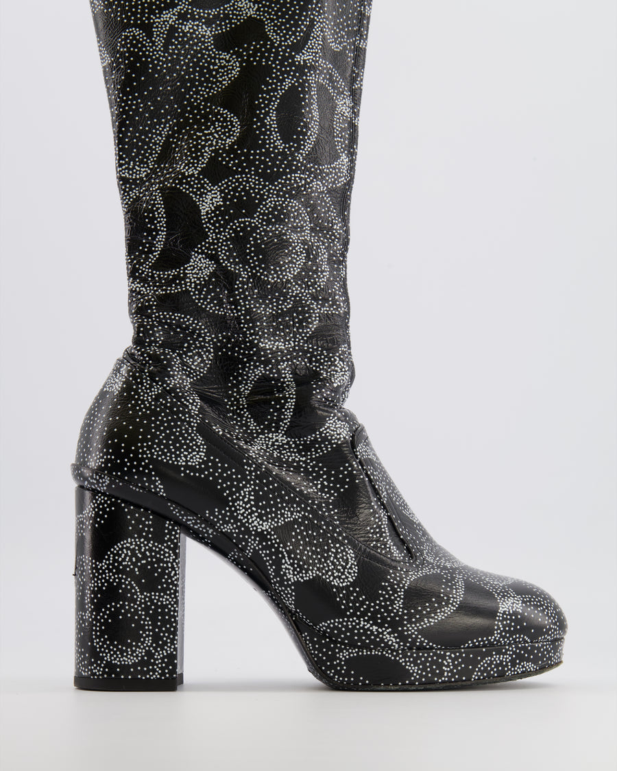 Chanel 23K Runway Camellia and CC Logo Print Heeled Boots in Black Crumpled Leather Size EU 39C