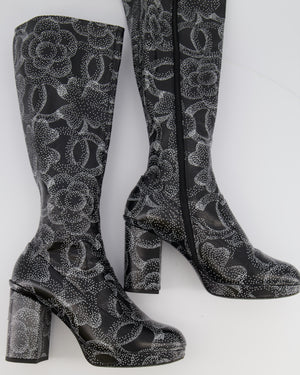 Chanel 23K Runway Camellia and CC Logo Print Heeled Boots in Black Crumpled Leather Size EU 39C