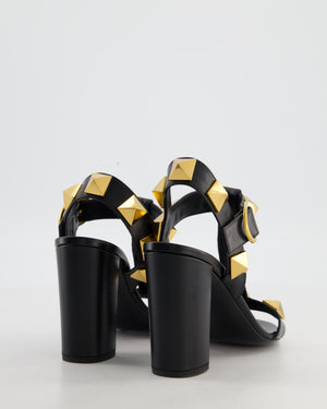 Valentino Black Gold Rockstud Block Heel Sandal Size EU 37