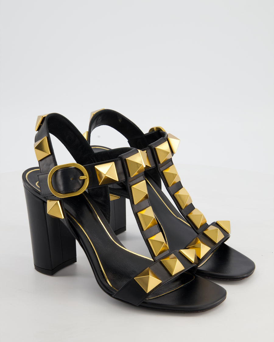 Valentino Black Gold Rockstud Block Heel Sandal Size EU 37