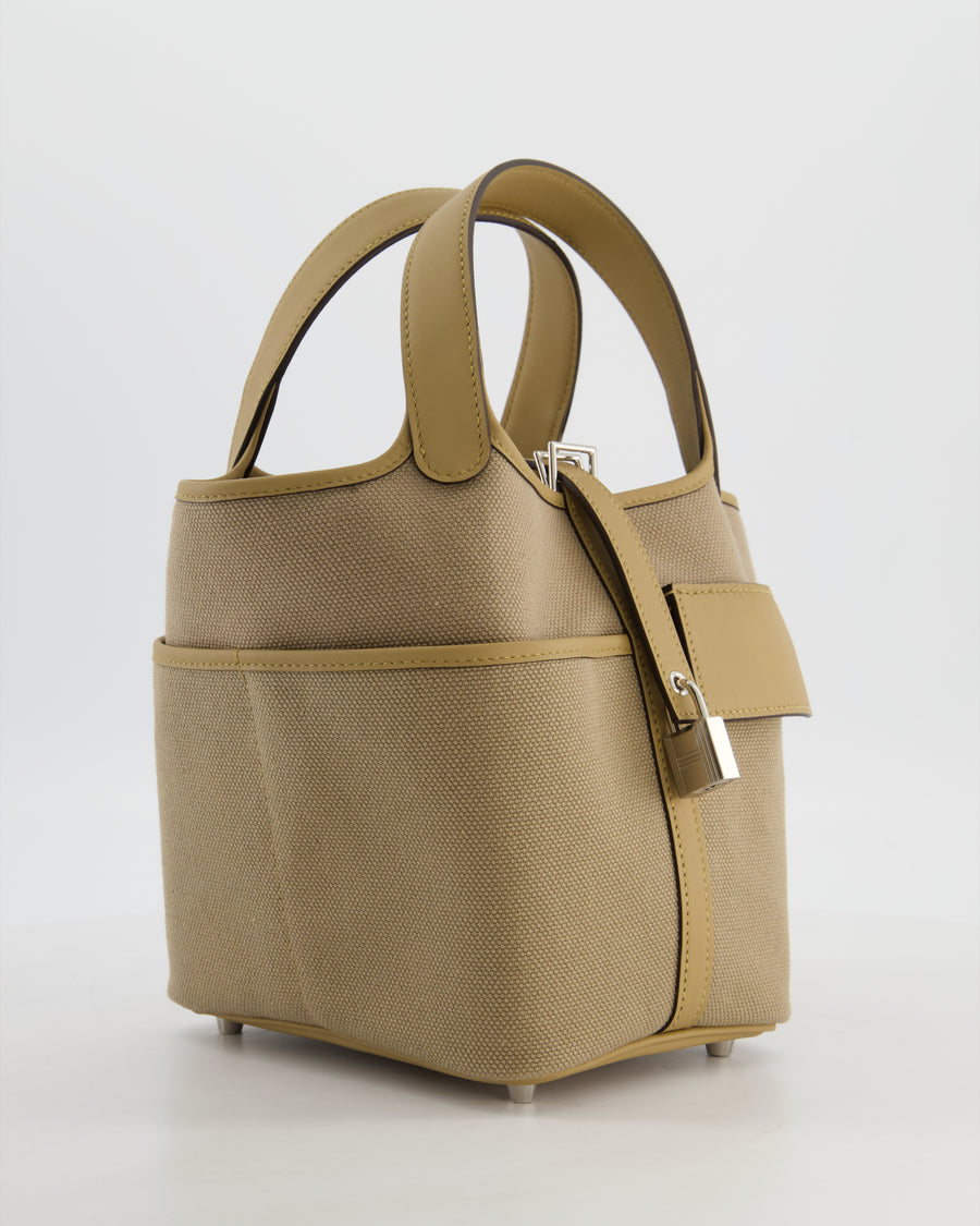 *HOT* Hermès Picotin 18 Lock Pocket Cargo Bag in Beige Marfa Toile Goeland & Poussiere Swift Leather with Palladium Hardware