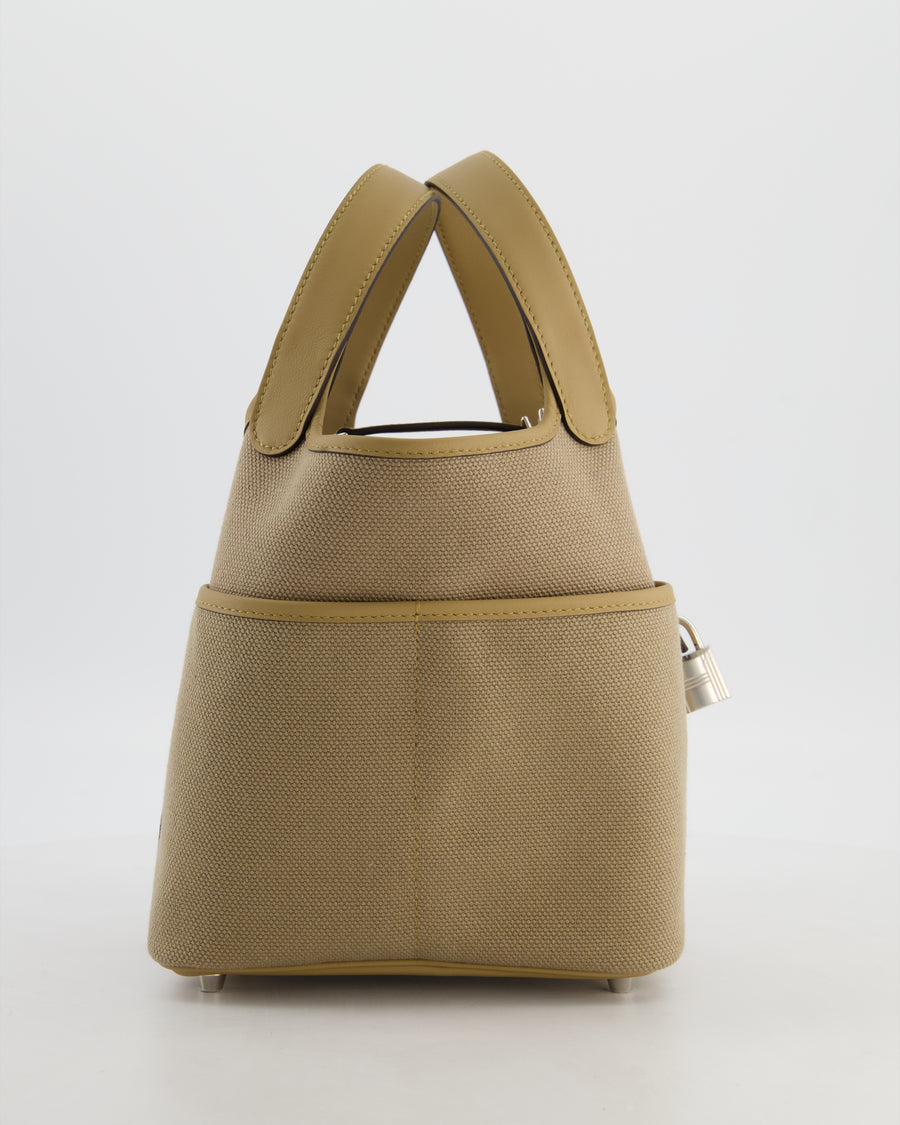 *HOT* Hermès Picotin 18 Lock Pocket Cargo Bag in Beige Marfa Toile Goeland & Poussiere Swift Leather with Palladium Hardware