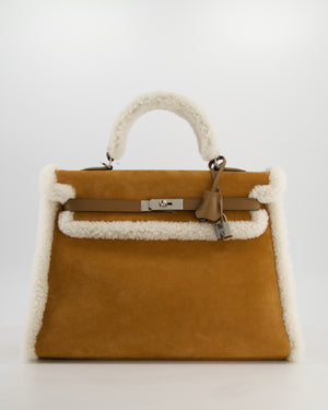 *COLLECTOR'S* Hermès Kelly 35 Teddy Plush Grizzly Bag in Alezan Swift Leather, Ecru Plush & Chamois Grizzly Suede Leather with Palladium Hardware