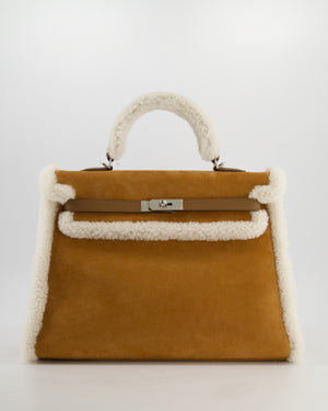 *COLLECTOR'S* Hermès Kelly 35 Teddy Plush Grizzly Bag in Alezan Swift Leather, Ecru Plush & Chamois Grizzly Suede Leather with Palladium Hardware