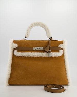 *COLLECTOR'S* Hermès Kelly 35 Teddy Plush Grizzly Bag in Alezan Swift Leather, Ecru Plush & Chamois Grizzly Suede Leather with Palladium Hardware