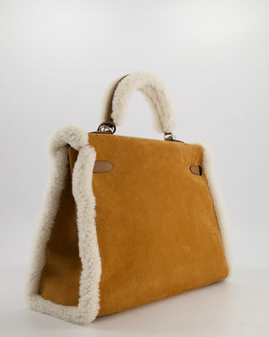 *COLLECTOR'S* Hermès Kelly 35 Teddy Plush Grizzly Bag in Alezan Swift Leather, Ecru Plush & Chamois Grizzly Suede Leather with Palladium Hardware