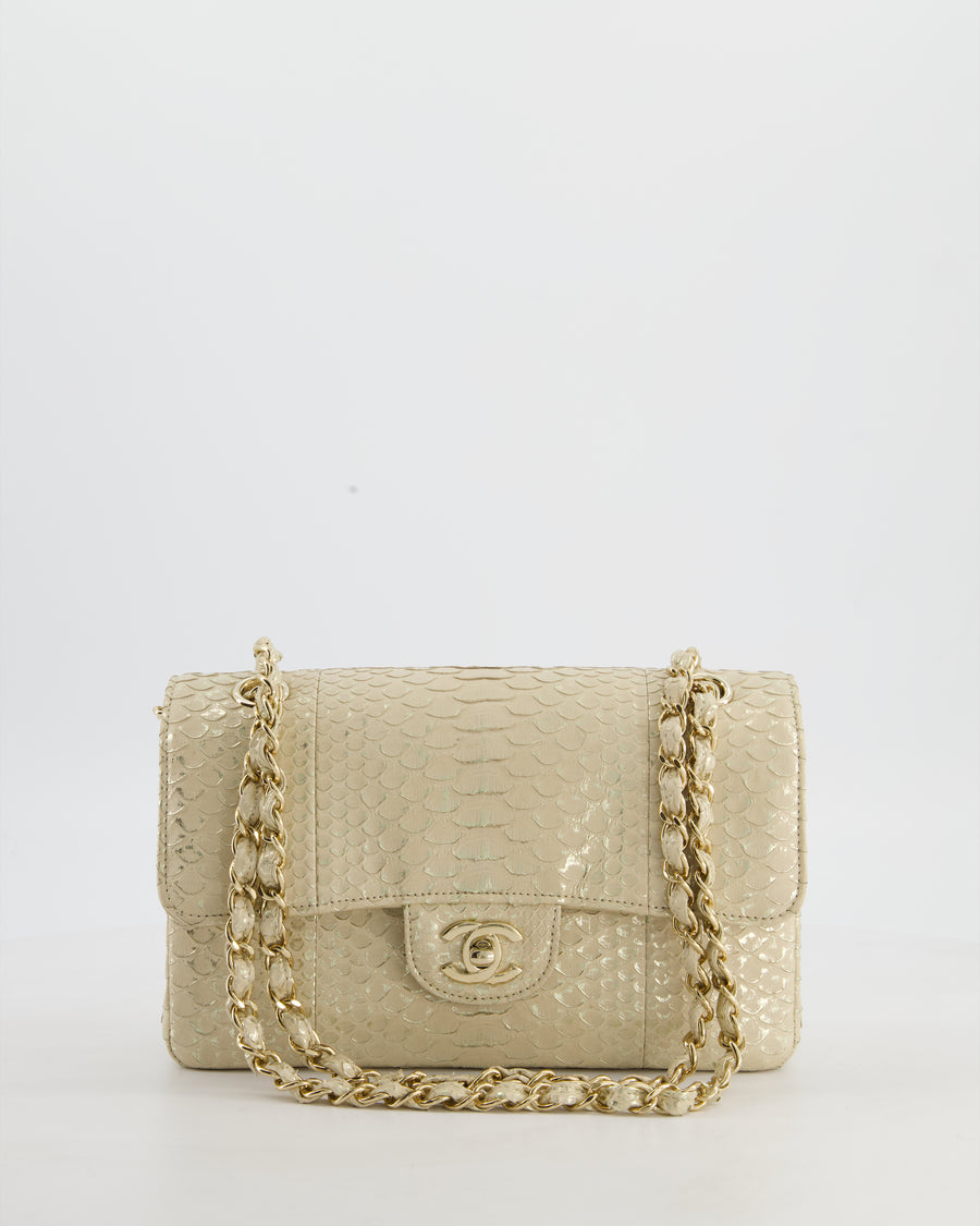 *SUPER RARE* Chanel Beige & Metallic Gold Small Classic Double Flap Bag in Varano Leather with Champagne Gold Hardware