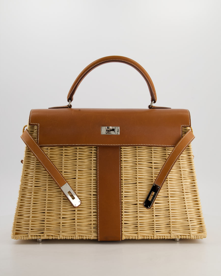 *RARE* Hermès Kelly 35 Picnic Bag in Fauve Barenia Leather and Osier Wicker with Palladium Hardware