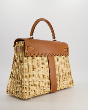 *RARE* Hermès Kelly 35 Picnic Bag in Fauve Barenia Leather and Osier Wicker with Palladium Hardware