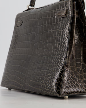 Hermès Vintage Kelly 32 Sellier Bag in Graphite Shiny Porosus Crocodile Leather with Palladium Hardware