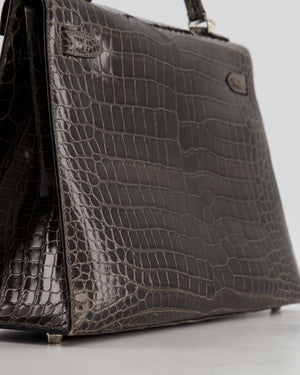 Hermès Vintage Kelly 32 Sellier Bag in Graphite Shiny Porosus Crocodile Leather with Palladium Hardware