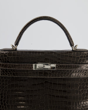 Hermès Vintage Kelly 32 Sellier Bag in Graphite Shiny Porosus Crocodile Leather with Palladium Hardware