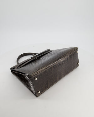 Hermès Vintage Kelly 32 Sellier Bag in Graphite Shiny Porosus Crocodile Leather with Palladium Hardware