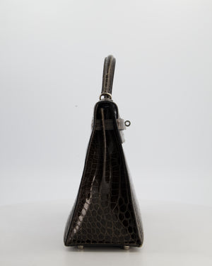 Hermès Vintage Kelly 32 Sellier Bag in Graphite Shiny Porosus Crocodile Leather with Palladium Hardware