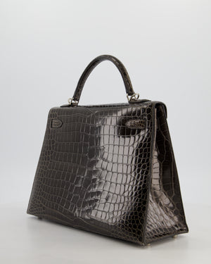 Hermès Vintage Kelly 32 Sellier Bag in Graphite Shiny Porosus Crocodile Leather with Palladium Hardware