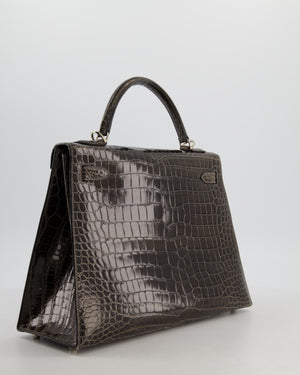 Hermès Vintage Kelly 32 Sellier Bag in Graphite Shiny Porosus Crocodile Leather with Palladium Hardware