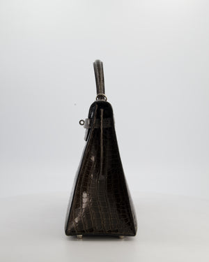 Hermès Vintage Kelly 32 Sellier Bag in Graphite Shiny Porosus Crocodile Leather with Palladium Hardware