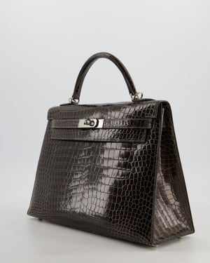 Hermès Vintage Kelly 32 Sellier Bag in Graphite Shiny Porosus Crocodile Leather with Palladium Hardware