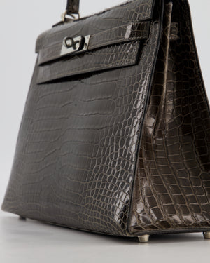 Hermès Vintage Kelly 32 Sellier Bag in Graphite Shiny Porosus Crocodile Leather with Palladium Hardware
