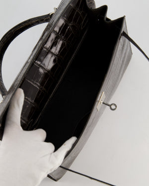 Hermès Vintage Kelly 32 Sellier Bag in Graphite Shiny Porosus Crocodile Leather with Palladium Hardware