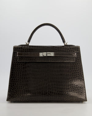 Hermès Vintage Kelly 32 Sellier Bag in Graphite Shiny Porosus Crocodile Leather with Palladium Hardware