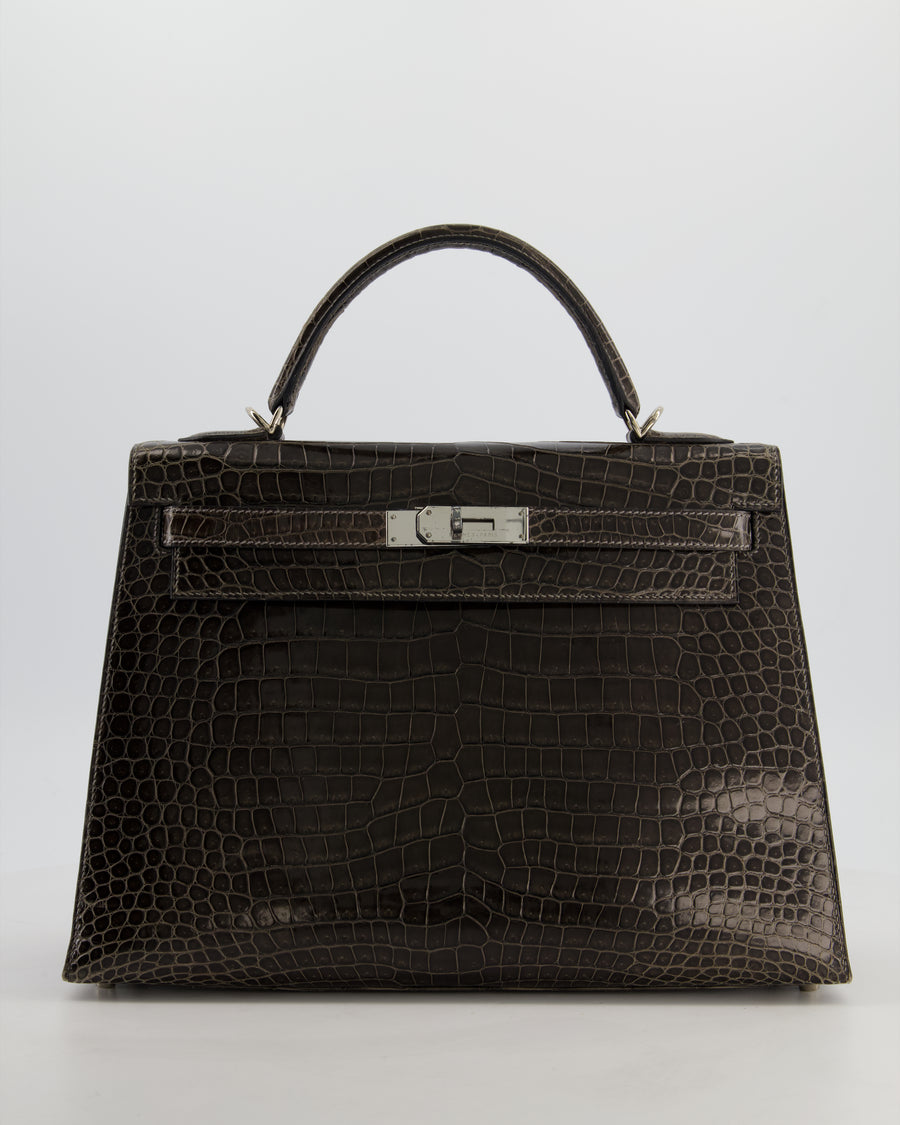 Hermès Vintage Kelly 32 Sellier Bag in Graphite Shiny Porosus Crocodile Leather with Palladium Hardware
