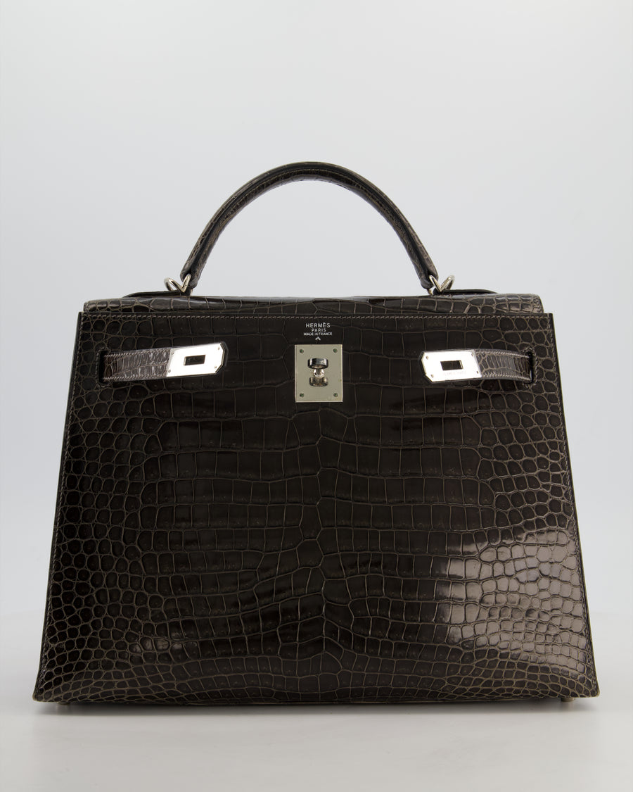 Hermès Vintage Kelly 32 Sellier Bag in Graphite Shiny Porosus Crocodile Leather with Palladium Hardware
