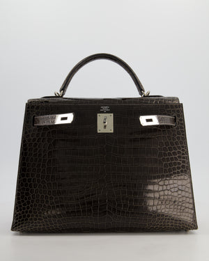Hermès Vintage Kelly 32 Sellier Bag in Graphite Shiny Porosus Crocodile Leather with Palladium Hardware