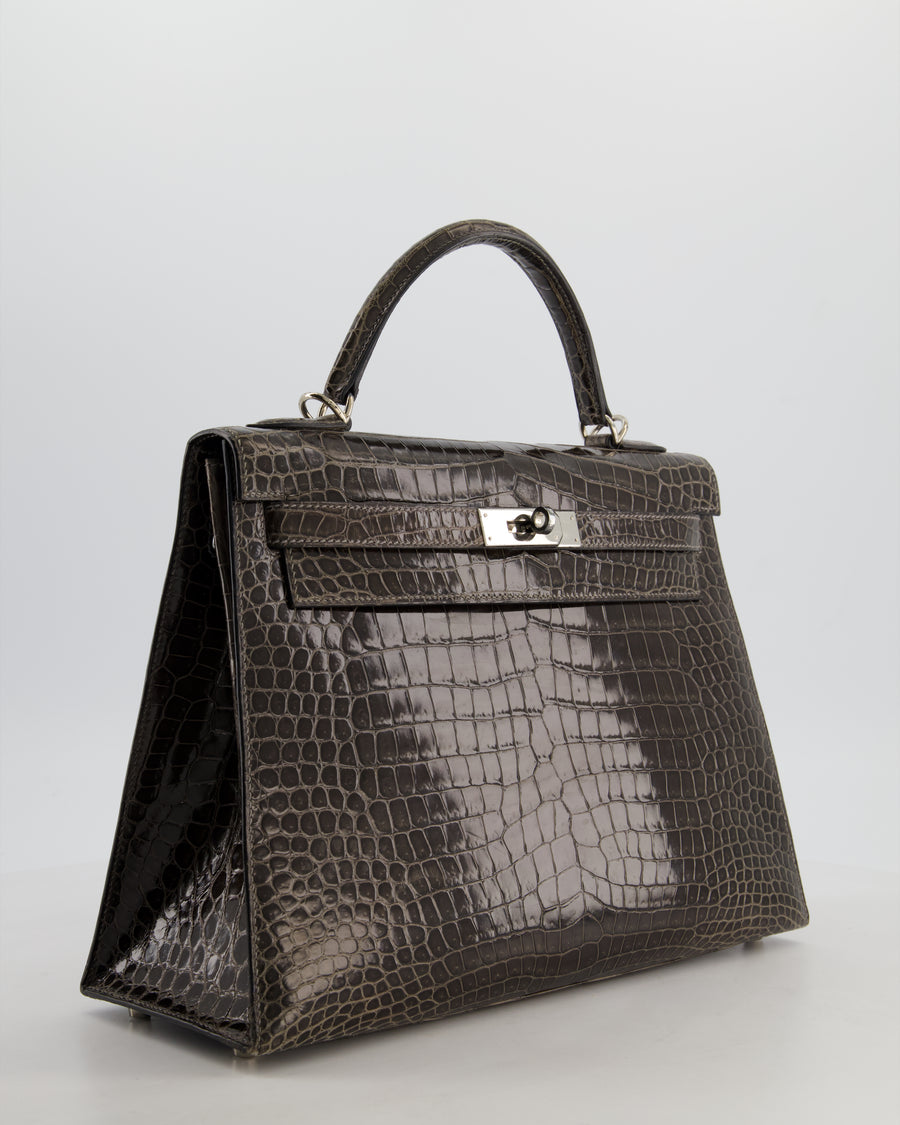Hermès Vintage Kelly 32 Sellier Bag in Graphite Shiny Porosus Crocodile Leather with Palladium Hardware