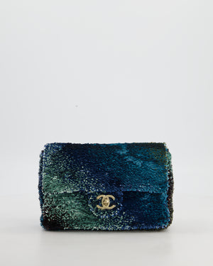 Chanel Shaded Blue Green Sequins Single Mini Flap Bag and Navy Calfskin Interior with Gold Hardware
