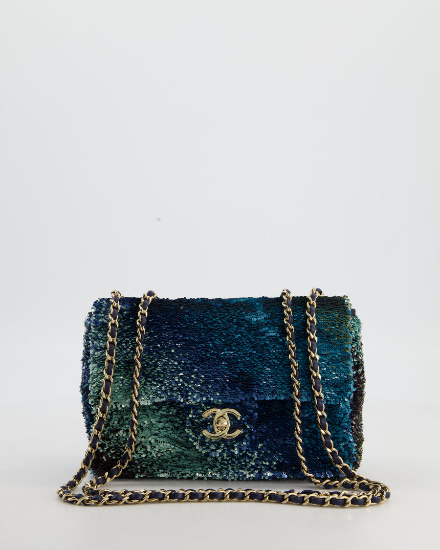 Chanel Shaded Blue Green Sequins Single Mini Flap Bag and Navy Calfskin Interior with Gold Hardware