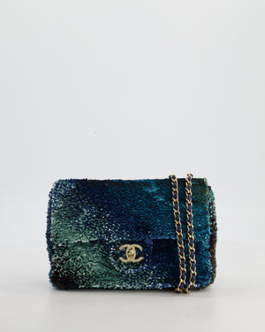 Chanel Shaded Blue Green Sequins Single Mini Flap Bag and Navy Calfskin Interior with Gold Hardware