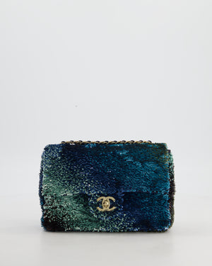 Chanel Shaded Blue Green Sequins Single Mini Flap Bag and Navy Calfskin Interior with Gold Hardware