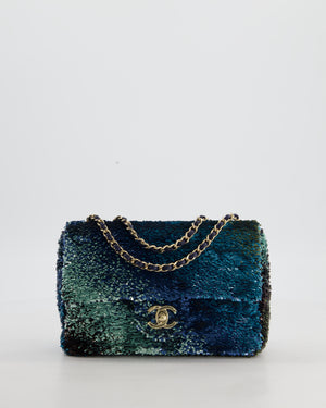 Chanel Shaded Blue Green Sequins Single Mini Flap Bag and Navy Calfskin Interior with Gold Hardware