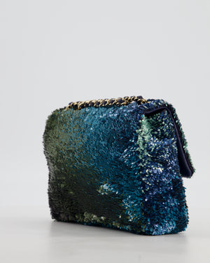 Chanel Shaded Blue Green Sequins Single Mini Flap Bag and Navy Calfskin Interior with Gold Hardware